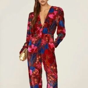 Farm Rio Jumpsuit Womens XS Red Floral Velvet Snake Garden Cinch Ankle